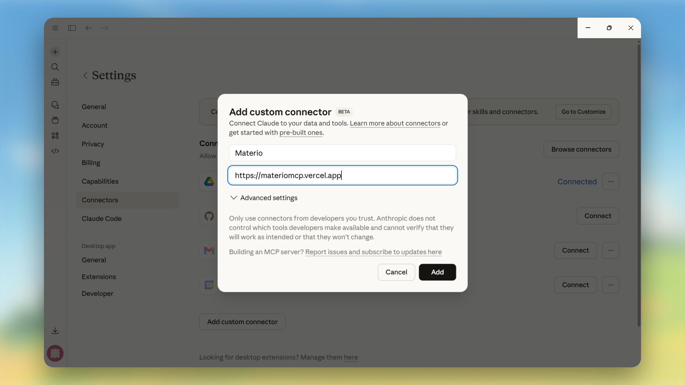 custom connector modal